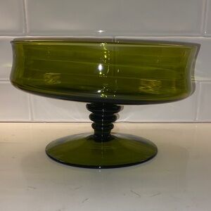 VTG Empoli Elegant Olive Green Glass Pedestal Bowl 1970’s